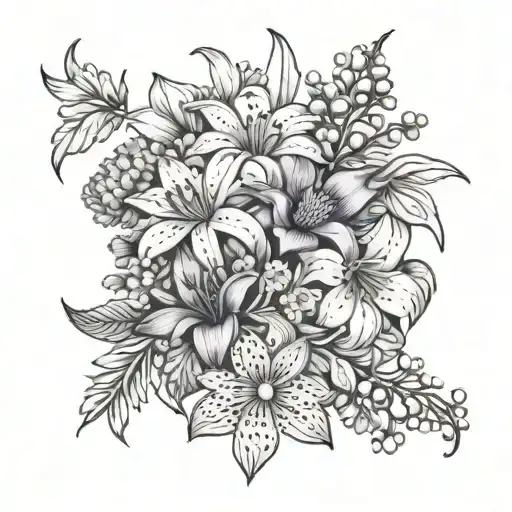violets, asters, lilies of the valley and chrysanthemums tattoo design idea