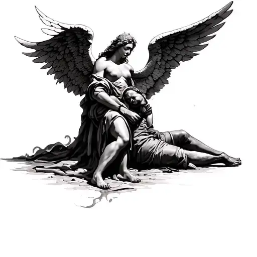 Angel protecting a fallen warrior tattoo design idea
