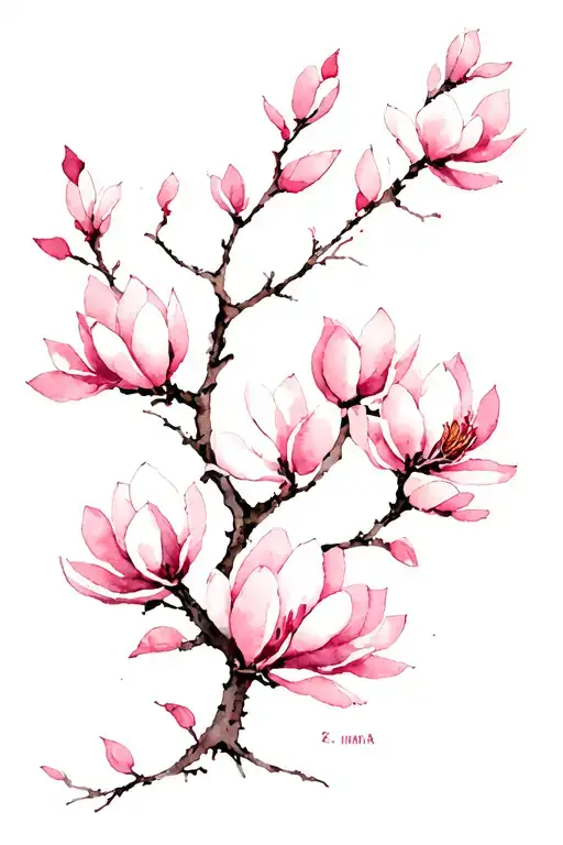 A Japanese-inspired illustration featuring a delicate branch adorned with vertically arranged soft pink magnolia blossom tattoo design idea