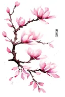 A Japanese-inspired illustration featuring a delicate branch adorned with vertically arranged soft pink magnolia blossom tattoo design idea