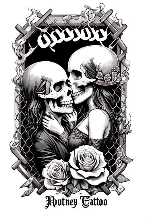 ankor, quote written, 9mm gun &smoke, brass knuckles, skull man and women kissing behind chain link fence, money rose,  tattoo design idea
