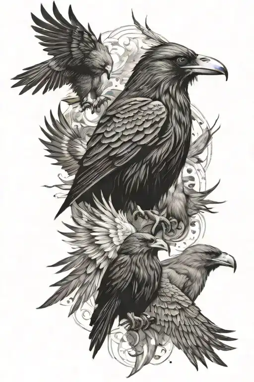 raven,and  bear, and thunderbird, and pheonix, and chickadee, and native warrior boy, and  lightning bolt  tattoo design idea