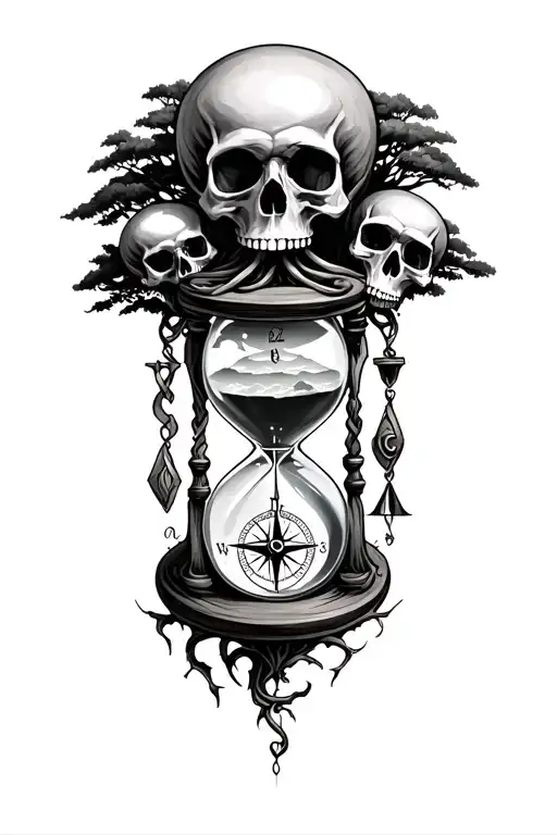 hour glass with skulls tree and a compass intertwined tattoo design idea