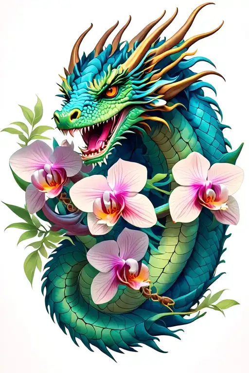dragon with orchids intertwined tattoo design idea