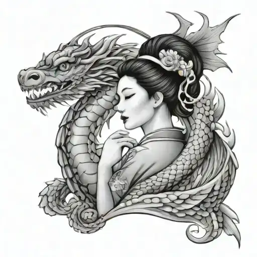 Geisha and Dragon curled tattoo design idea