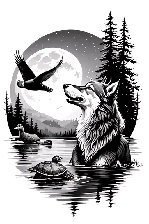 wolf howling at the moon,with a mallard duck flying, a turtle in water, and a stag in the forest tattoo design idea