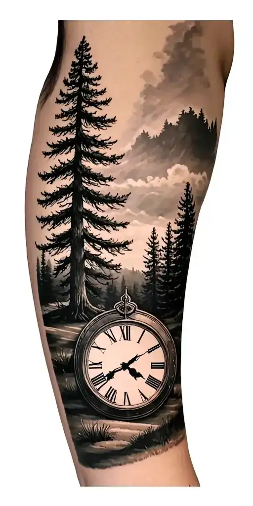 pine forest scene and family on golf course and ansel adams and sun clock tattoo design idea