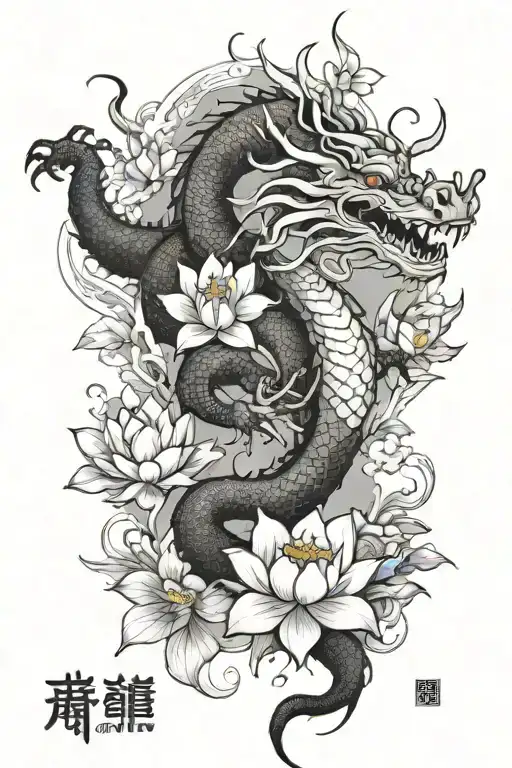 vietnamese dragon and lotus flower growing tattoo design idea