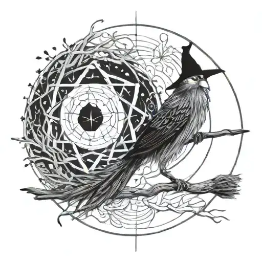 Witch's broom, hemlock and the moon tattoo design idea