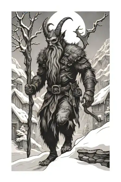 Krampus in winter landscape scene tattoo design idea