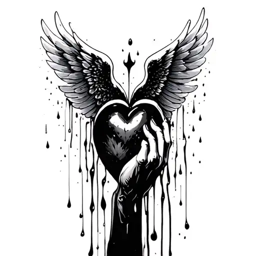hand and a black heart and a angel shadow with wings spread behind them, all as a wet painting with drops tattoo design idea