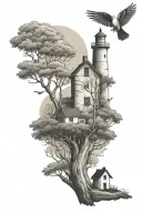 lighthouse, ewe tree, grey birch tree, love birds tattoo design idea