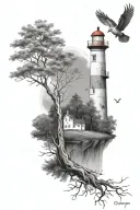 lighthouse, ewe tree, grey birch tree, love birds tattoo design idea