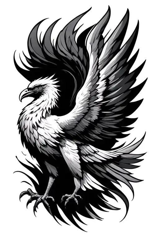 Create a black and gray tattoo in a band-style format featuring a minimalist phoenix in a rising or sideways motion. The tattoo design idea