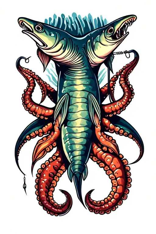 squid luring sturgeon with fishing hook tattoo design idea