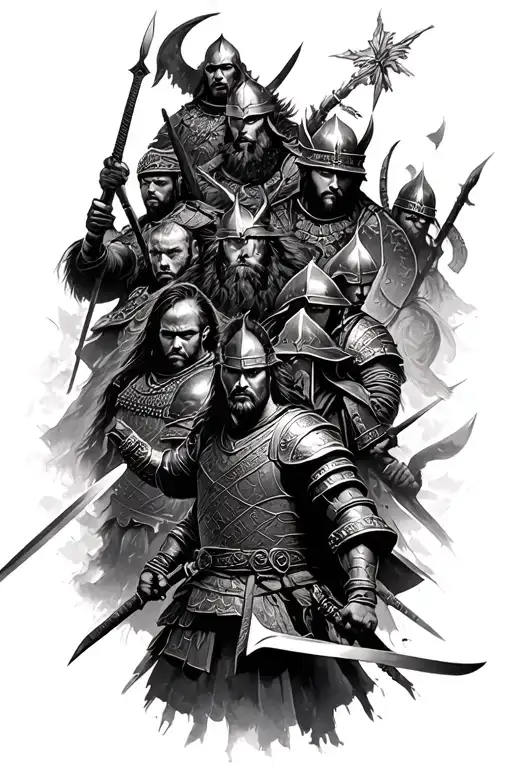 collage of warriors samurai, viking, templar knight, samurai, and us soldier tattoo design idea