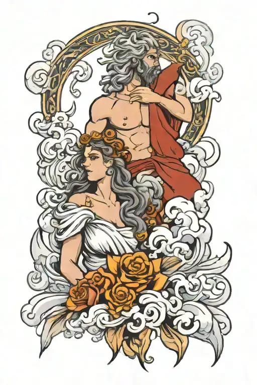 Zeus and Athena surrounded by smoke rising tattoo design idea