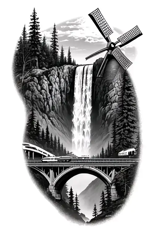 Multnomah falls, moulin rouge windmill, bullet train, bridge, forest tattoo design idea