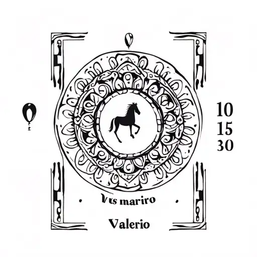 mandala, horse link, horseshoe, balloon, date, first name Valerio tattoo design idea