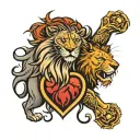lion heart with lion on inner right bicep and heart on inner left bicep with lions eyes behind both tattoo design idea
