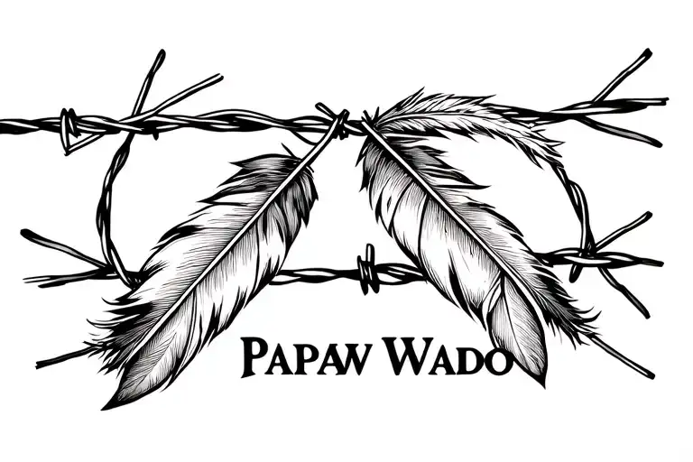 Barbed wire with 2 indian feathers together hanging off that says "Papaw Wado" underneath it  tattoo design idea