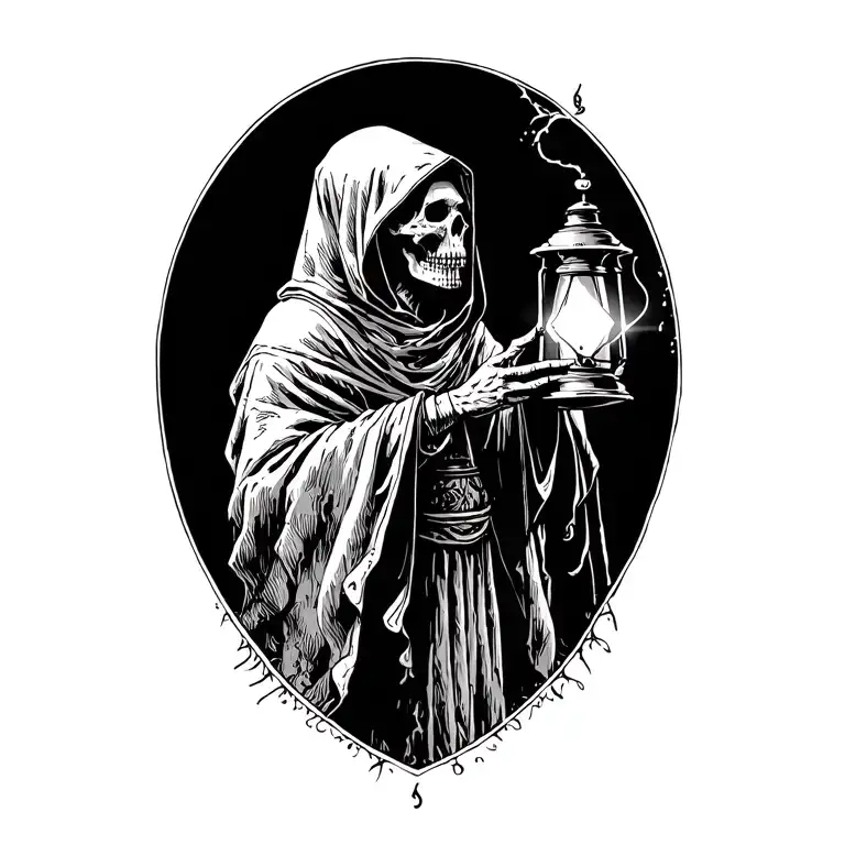 The hermit tarot walking sideways in darkness holding a lantern thats emitting light. Skull face cloaked in hood tattoo design idea