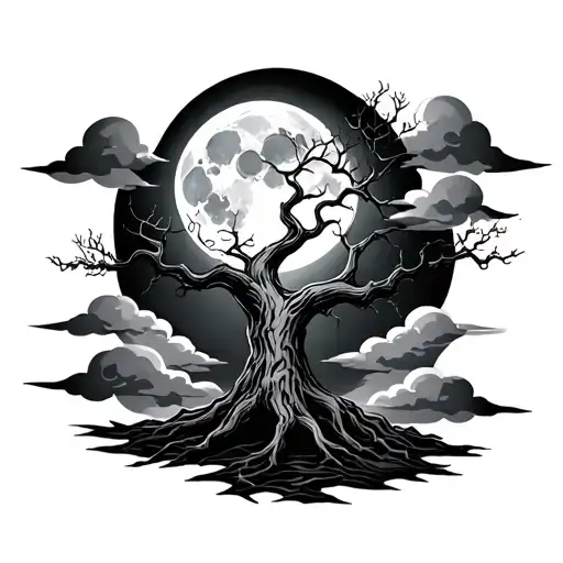 poison tree with moon behind it and clouds tattoo design idea