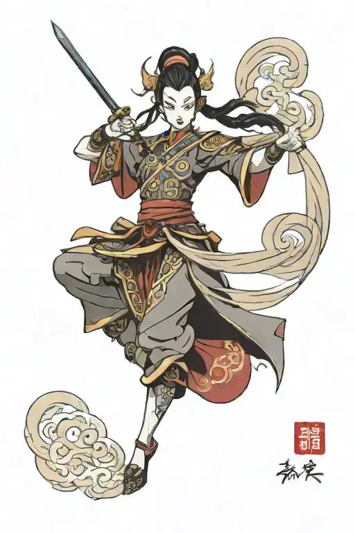 Avatar Kyoshi, close up, battle fans in the background, black and red tattoo design idea