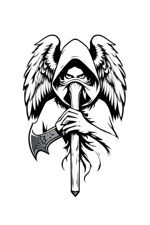 Warrior angel, hands folded on the axe, face hidden by hood. tattoo design idea