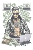 A realistic portrait of a scammer hacker, surrounded by computer screens and money who has a good fashion outfit and   tattoo design idea