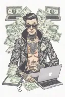 A realistic portrait of a scammer hacker, surrounded by computer screens and money who has a good fashion outfit and   tattoo design idea