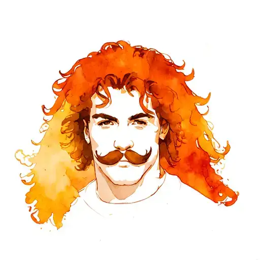 buff, curly hair mullet, with mustache bf tattoo design idea