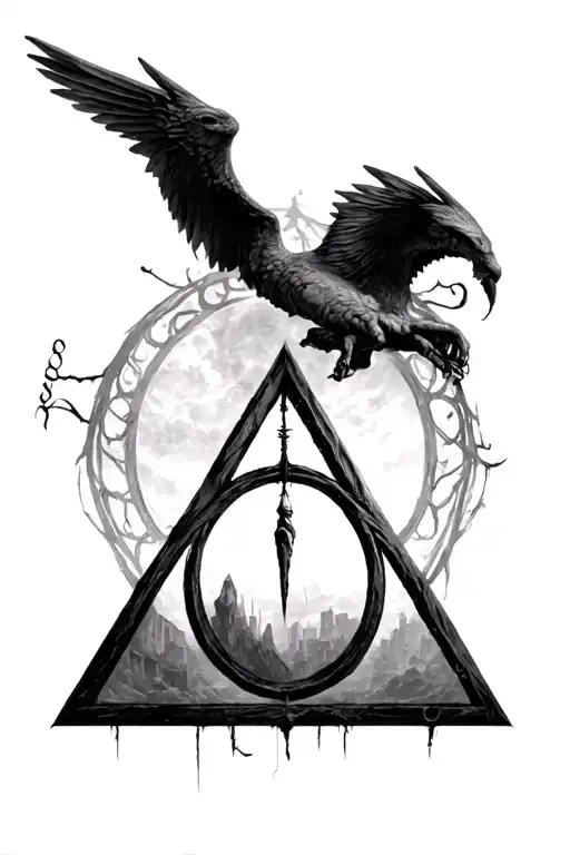 deathly hallows from Harry Potter Dali style nothing on top tattoo design idea
