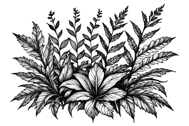 Plant tattoo in black and white. Horisontal so plants next to each other. Plants needs to be from nordic tattoo design idea