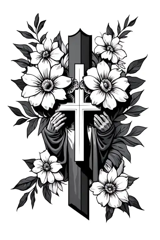 flowers with shadow with. cross and a saint judes praying  tattoo design idea
