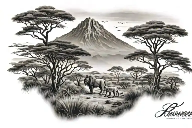 Kilimanjaro, Acacia Trees, Lion tattoo design idea