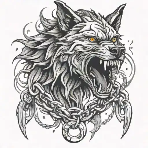 Fenrir head breaking chains tattoo design idea