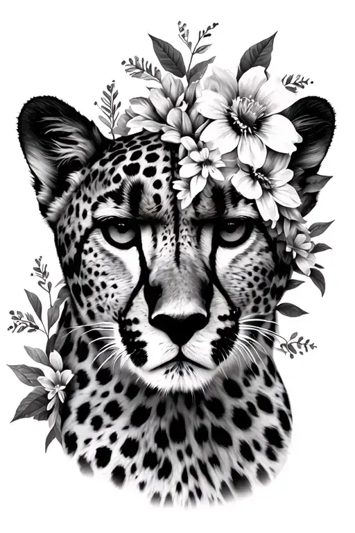 Black and white, half of a cheetah face covered/surrounded with different types of flowers tattoo design idea