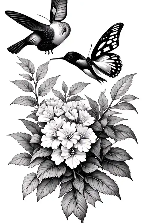 butterfly bush, butterflies and humming bird in a bush    tattoo design idea