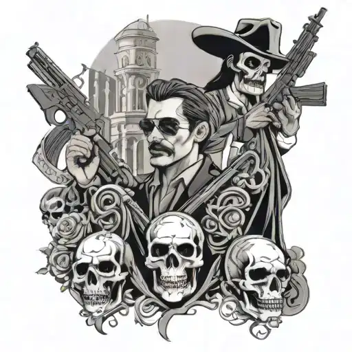 jesus malverde with santa muerte and guns on chest and on full arm skulls crosses mafia cartel guns cars tattoo design idea