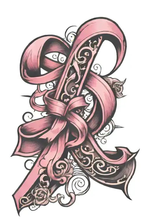 pink cancer ribbon and letter E tattoo design idea