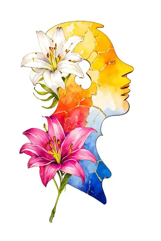 The symbol for female in the trans flag colors with gold cracks, surrounded by lily flowers tattoo design idea