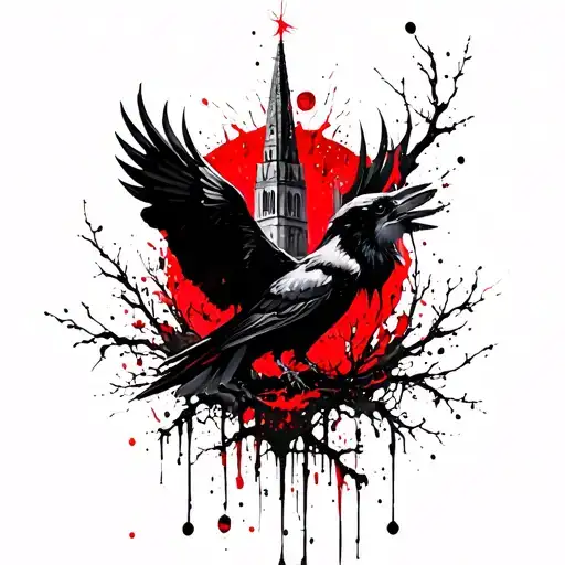 Trash polka half sleeve with gothic elements, cathedral, red and black, raven, branches, black work no realism  tattoo design idea