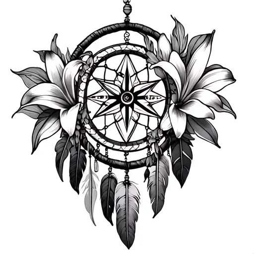 Dream Catcher Filled With Lilies, feathers and a vintage compass tattoo design idea