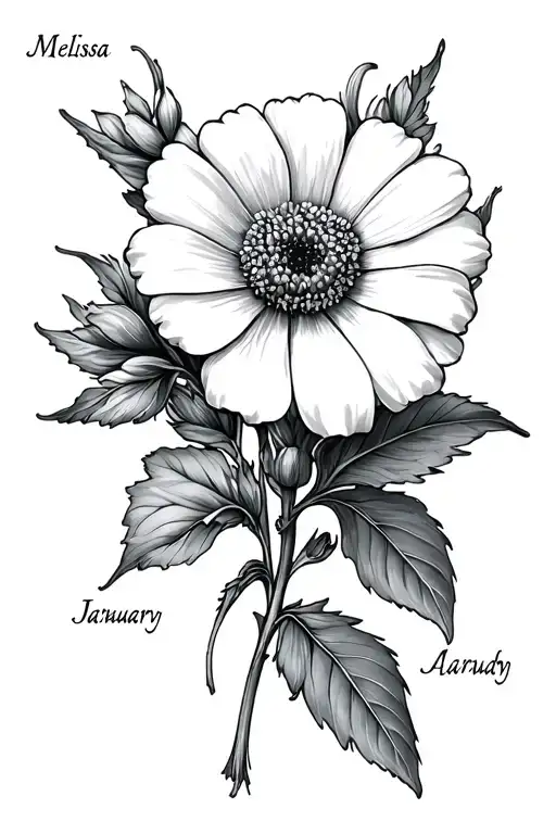 July Birthflower with the name Melissa, January birthflower with the name Linda, March birth flower with the name Judy tattoo design idea