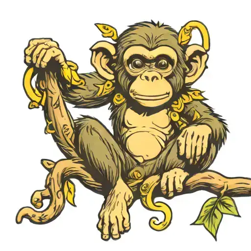 Monkey sitting on the branch, with banana in hand holding tattoo design idea