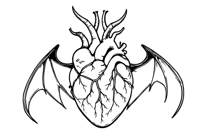 anatomical heart with small horns and bat wings tattoo design idea