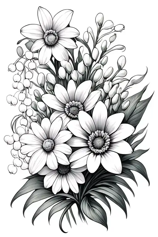 Daisy And Daffodil And lily of the valley bouquet tattoo design idea