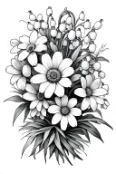 Daisy And Daffodil And lily of the valley bouquet tattoo design idea