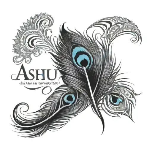 peacock feather with written word "Ashu" tattoo design idea